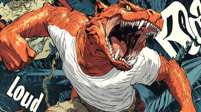 Fierce anthropomorphic orange lizard creature in a white tshirt roaring in a dynamic comic book action scene