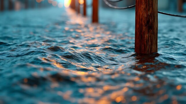 Close-up of gentle water waves lapping against wooden posts, reflecting warm light in a serene, tranquil setting.