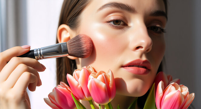 Young woman applying blush with brush holding pink tulips. Fresh spring and summer beauty. Seasonal makeup concept