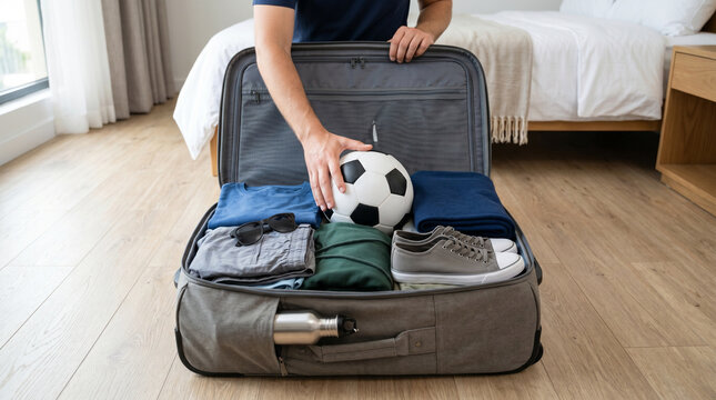 Man packing suitcase with soccer ball, clothes and travel essentials in hotel room for football tournament trip