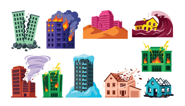 Natural disaster city building destruction set. Earthquake, fire, tsunami, tornado, storm and landslide cataclysm icons.