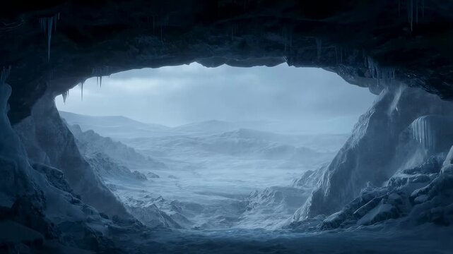Icy cave opening revealing a vast frozen landscape. A dramatic view of winter wilderness, evoking feelings of isolation and adventure