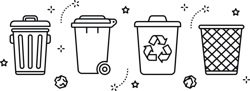Trash can and recycling bin linear outline icon set with garbage container wheelie basket crumpled paper