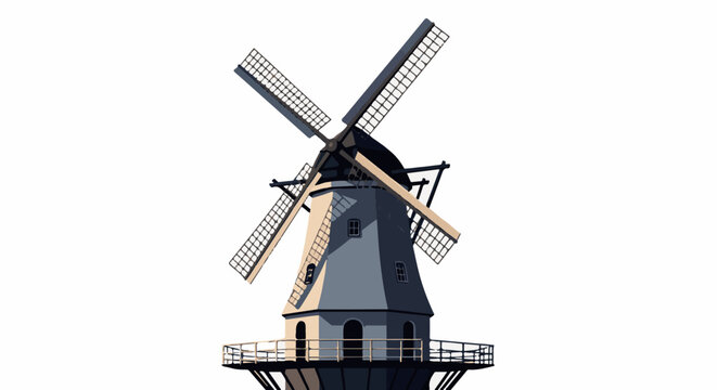 A traditional windmill with a dark blue body and light brown accents, featuring four large blades