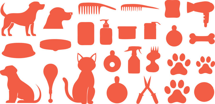 Pet grooming tools and animal silhouettes vector set for pet care services and supplies illustration
