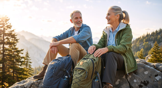 Senior couple resting on a rock while hiking in the mountains. Active older man and woman with backpacks enjoying nature