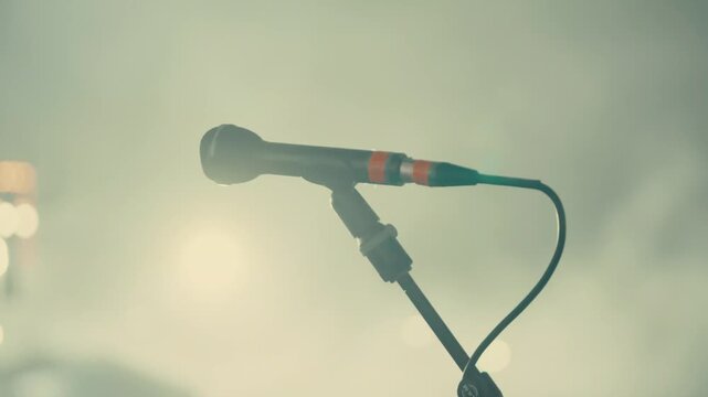 Close-up of a microphone on a stage stand. Green cable and wooden handle stand out in the haze. Dim lighting creates an intimate concert atmosphere. Blurred lights hint at an ongoing live performance