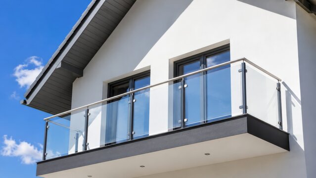 Modern house exterior showcasing a contemporary balcony with glass railing design