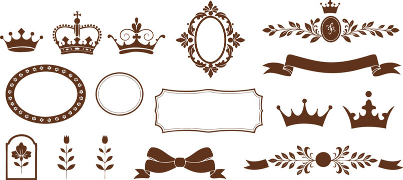 Set of brown wedding and royal decorative elements including crowns, frames, ribbons and floral motifs on transparent background