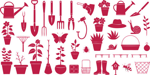 Set of gardening tools and plants icons on transparent background, red watering can shovel rake pot flowers isolated vector illustration design elements © Sadhin07