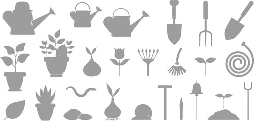 Set of gardening tools and plants icons on transparent background, outline shapes of watering can shovel rake pot flowers isolated vector illustration © Sadhin07