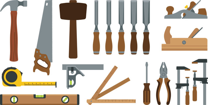 Professional woodworking tools vector illustration set with hammer saw chisel hand plane ruler clamp spirit level screwdriver for carpentry workshop joinery craft project layout