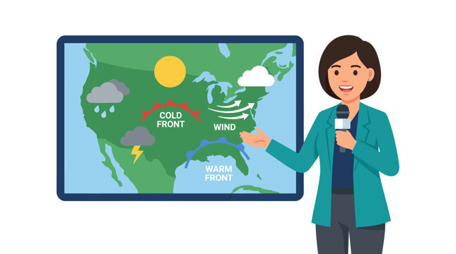 Weather Forecaster Explaining Cold and Warm Fronts on Map