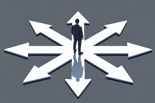 Businessman stands on diverging arrows contemplating future strategic decisions and multiple career paths ahead
