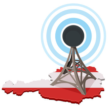 Vector artwork symbolizing mobile network coverage, telecommunication infrastructure, radio broadcasting, or digital connectivity across the map of Austria, (cut out)