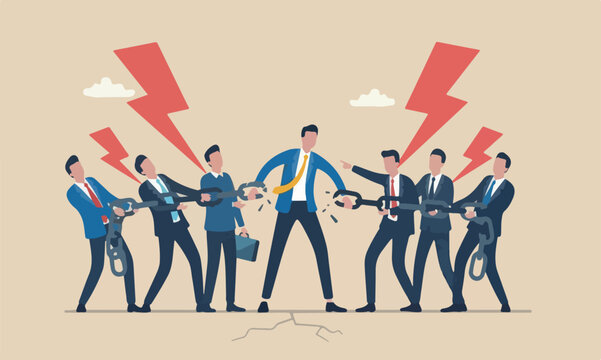 Business, in teams together fatigue businessman trying to hold broken chain together with his low energy