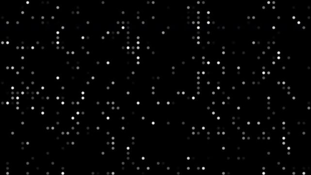 Many white square pixels scattered on black void space binary texture suitable for technology background or digital design projects.