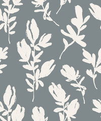 Fototapeta premium Seamless botanical pattern featuring hand drawn leaves and foliage silhouettes with textured brush details.