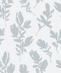 Fototapeta premium Seamless botanical pattern featuring hand drawn leaves and foliage silhouettes with textured brush details.