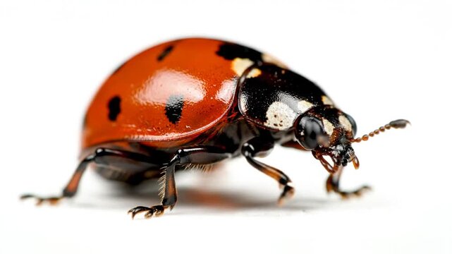 Macro close-up of a vibrant red ladybug with black spots standing still on a clean white background