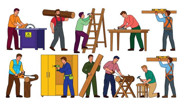 Carpentry and professional woodworking carpenter man builder flat vector illustration set. Circular saw, ladder, log, chainsaw, cabinet assembly, level and plane tools.