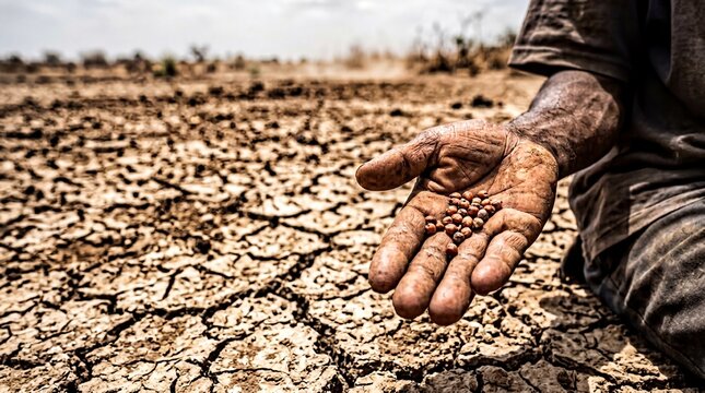 sustainable agriculture solutions, a close-up of a hand holding a drought-resistant sorghum seed above cracked soil