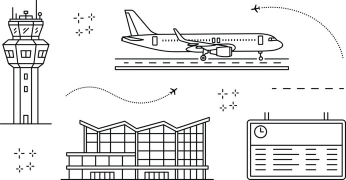 Airport terminal and aviation travel linear outline icon set with airplane runway control tower and timetable