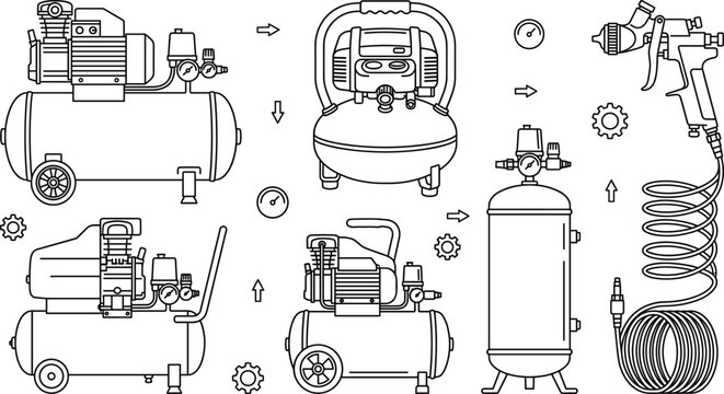 Air compressor and pneumatic paint spray gun tools linear outline icon set with tank hose gauges
