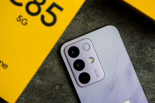 Bangkok, Thailand - June 15, 2026 : Realme C85 5G. Parrot Purple. Processor MediaTek Dimensity 6300