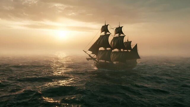 Europe medieval lifestyle. A vivid portrayal of a sailing ship in a vast ocean during sunset. The ship, with its tall masts and numerous sails, is the main subject.