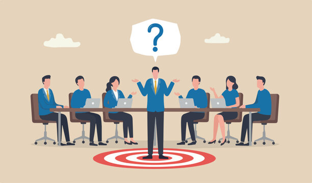 Awkward moment, embarrassment conversation, nervous clueless work, moment question concept, awkward confused red big bullseye too target shrug businessman helpless speech bubble