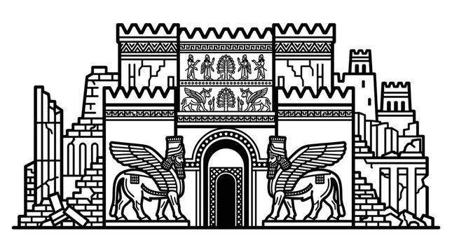 Ancient Mesopotamian City Gate with Mythical Creatures.