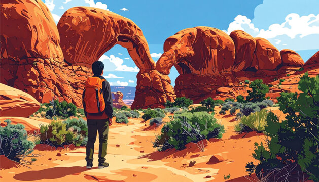 Man wearing backpack standing outdoors.