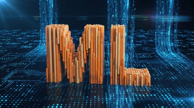 The letters "ML" formed by 3D vertical bars over a background of glowing blue digital data lines.