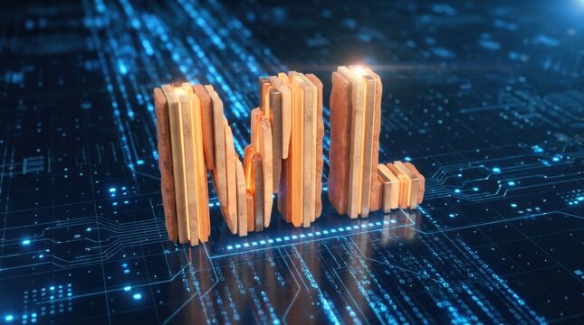 The letters "ML" formed by 3D vertical bars over a background of glowing blue digital data lines.