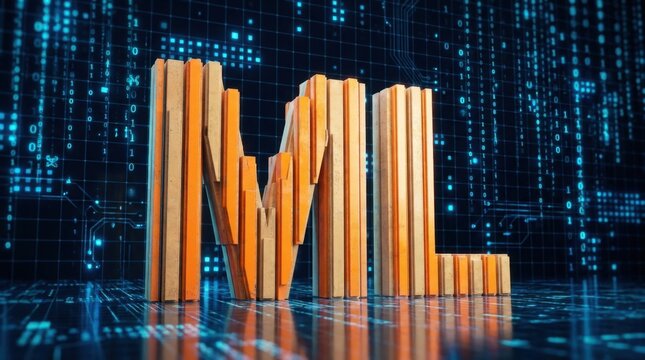 The letters "ML" formed by 3D vertical bars over a background of glowing blue digital data lines.
