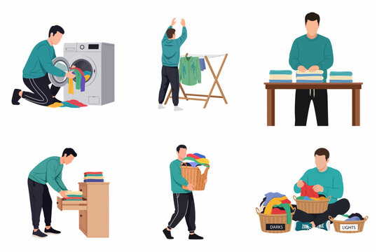 Set of man doing laundry chores, flat vector illustration of guy washing, drying, folding, and sorting clothes in various steps of domestic routine.