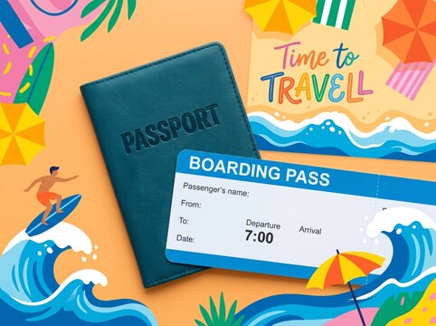 Travel concept illustration with passport boarding pass and surf