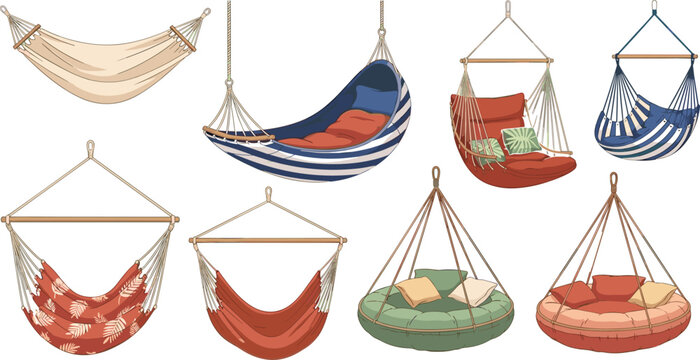 PrintComfortable hammock and hanging swing chair vector illustration set for outdoor garden relaxation backyard patio furniture summer vacation camping holiday weekend leisure layout