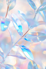 Obraz premium Iridescent glass seaweed branches with prismatic reflections. Abstract crystal plant on pastel background. Underwater concept