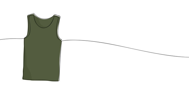 Men's sleeveless tank top in olive green color. Continuous one line drawing illustration isolated on a light background. Casual apparel and activewear concept for design and print.