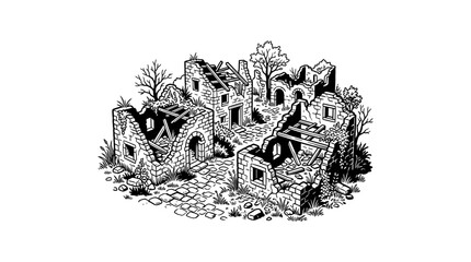 Obraz premium Ancient stone ruins of a forgotten village illustration.