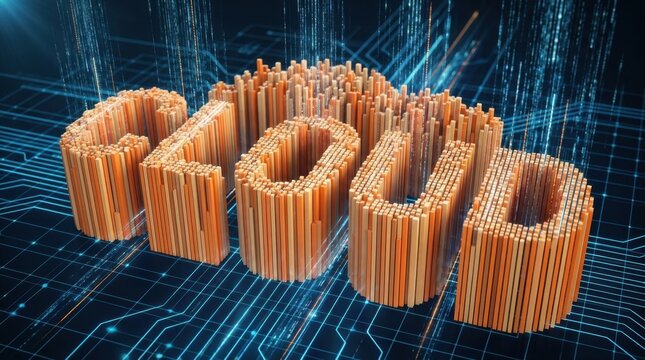 The word "CLOUD" formed by 3D vertical bars over a background of glowing blue digital data lines.