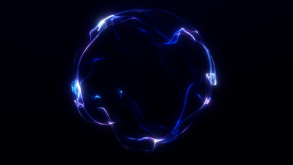 Electric blue and violet plasma ribbons form a luminous orb on a dark background, suitable for energy visualization, digital communication, science, and technology. © Aksver