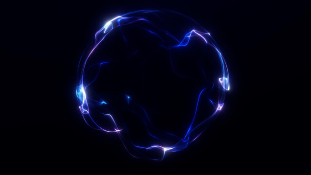 Electric blue and violet plasma ribbons form a luminous orb on a dark background, suitable for energy visualization, digital communication, science, and technology.