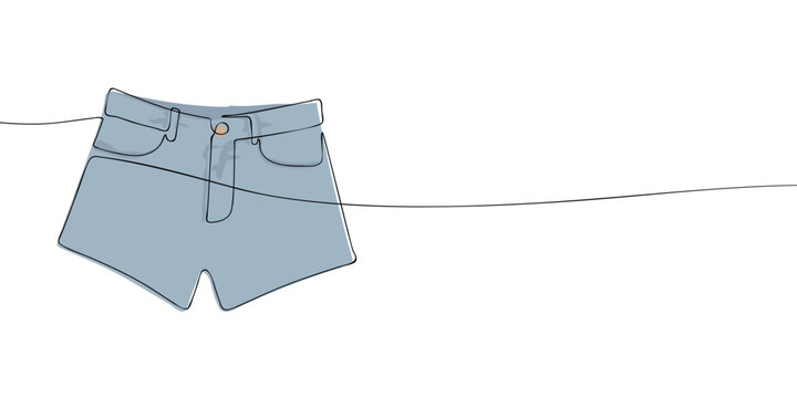 Light blue denim shorts with front pockets, belt loops, button closure and zipper fly in continuous one line style. Minimal fashion illustration isolated on a light background.