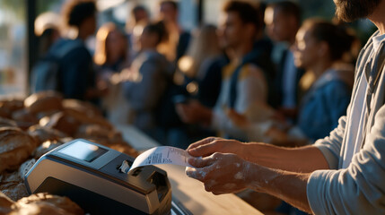 Obraz premium Merchant acquirer settlement report printing from a thermal receipt machine at a busy urban bakery counter, flour-dusted hands reaching to tear the printout, morning rush customers queuing toward th