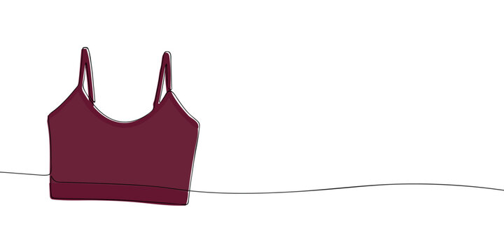 Burgundy sports bra with shoulder straps and elastic underband in continuous one line style. Minimal fashion illustration isolated on a light background. Activewear and fitness clothing.