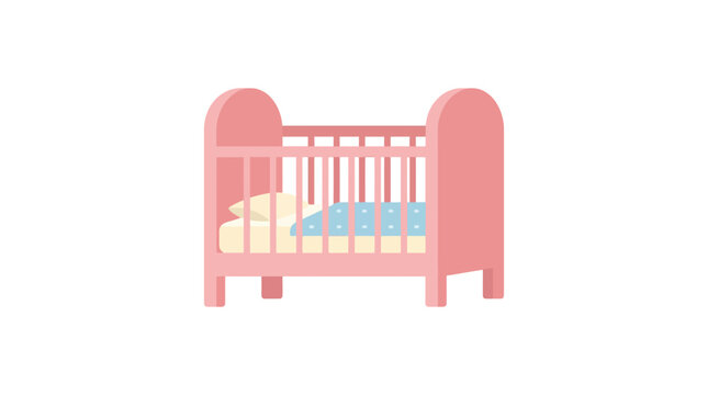 Pink Baby Crib with Bedding, Isolated on White Background - Illustration