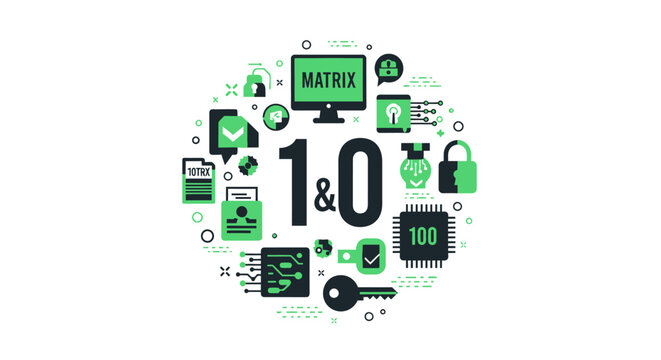 Cybersecurity and Binary Code Concept Illustration with Digital Data, Encryption Icons, and Matrix Theme in Flat Design Style